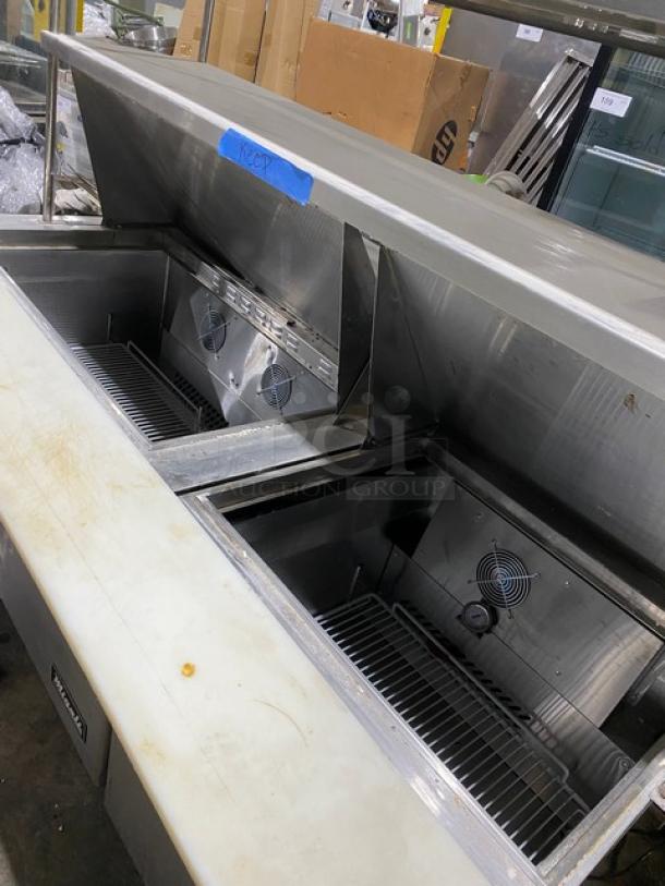 Migali Commercial Stainless Steel Custom 3 Door Refrigerated Bain Marie Style Mega Top Salad/Sandwich Prep Table! With Double Overhead Shelves! With Removable Cutting Board & Poly Coated Wire Racks! Model: C-SP48-18BT-HC SN: C-SP48-18BT-HC00318102900920023 / Model: C-SP27-12BT-HC SN: C-SP27-12BT-HC00318110500920017! 115V 1 Phase! On Legs! ALL ONE MONEY! - Image 5 of 12