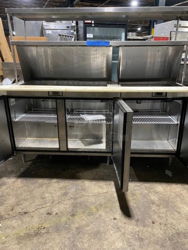 Migali Commercial Stainless Steel Custom 3 Door Refrigerated Bain Marie Style Mega Top Salad/Sandwich Prep Table! With Double Overhead Shelves! With Removable Cutting Board & Poly Coated Wire Racks! Model: C-SP48-18BT-HC SN: C-SP48-18BT-HC00318102900920023 / Model: C-SP27-12BT-HC SN: C-SP27-12BT-HC00318110500920017! 115V 1 Phase! On Legs! ALL ONE MONEY! - Image 6 of 12