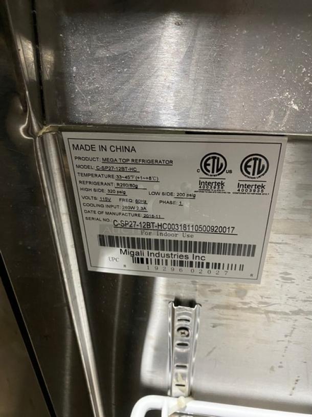 Migali Commercial Stainless Steel Custom 3 Door Refrigerated Bain Marie Style Mega Top Salad/Sandwich Prep Table! With Double Overhead Shelves! With Removable Cutting Board & Poly Coated Wire Racks! Model: C-SP48-18BT-HC SN: C-SP48-18BT-HC00318102900920023 / Model: C-SP27-12BT-HC SN: C-SP27-12BT-HC00318110500920017! 115V 1 Phase! On Legs! ALL ONE MONEY! - Image 8 of 12