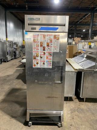 True Commercial Stainless Steel Solid Single Door Reach In Freezer! Energy Star Certified! With Poly Coated Wire Rack! Model: T-19F-HC SN: 9624952! 115V 1 Phase! On Casters! - Item #1171971