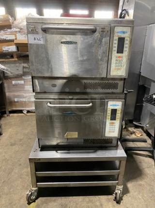 TurboChef Commercial Stainless Steel Electric Powered Double Stacked Rapid Cook Turbo Ovens! With Digital Controls! Model: NGC SN: NGC-12902 / NGCD610960! 208/230-240V! On Double Shelf Equipment Cart! With Casters! 2X Your Bid Makes One Unit!