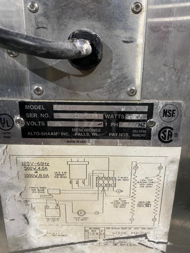 Alto-Shaam Commercial Stainless Steel Electric Powered Free Standing Double Warming Drawers! Model: 500-2D SN: 5860-115-1194! 125V 1 Phase! - Image 10 of 10