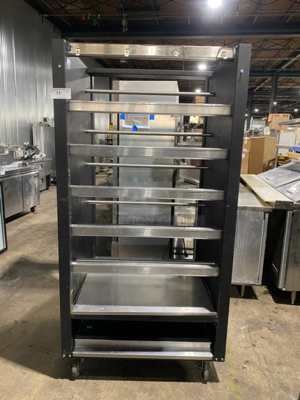 Vulcan Commercial Black Powder Coated Dry Open Lighted 5-Tier Donut/Bagel Bakery Merchandiser Display Showcase! With Stainless Steel Interior! With Enclosed Storage Underneath! Model: 1013776! 120V! On Casters! - Image 1 of 9