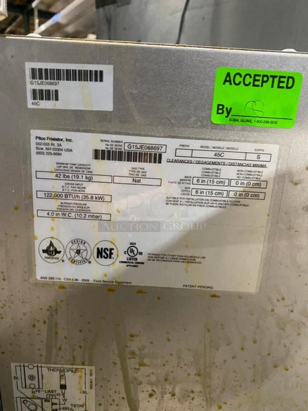 Pitco Commercial Stainless Steel Natural Gas Powered 42 Lb. Deep Fat Fryer! With Back & Side Splashes! With Basket Hanger! Model: 45C SN: G15JE068697! On Legs! - Image 8 of 10