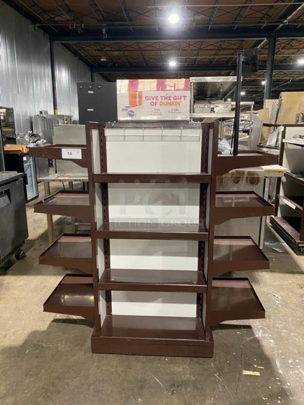 Dunkin Donuts Style Commercial Brown Multi-Tier Knock Down Merchandiser Display Tower Fixture! With Adjustable Shelves! On Casters! - Image 1 of 8