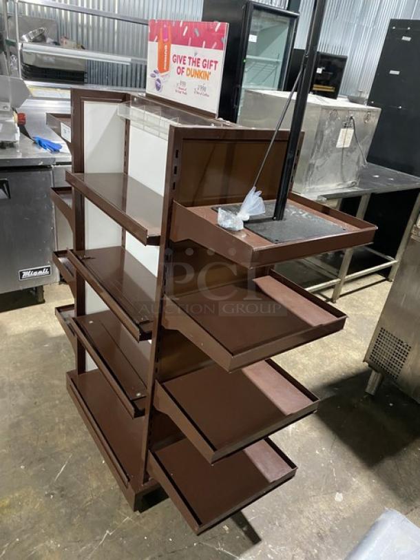 Dunkin Donuts Style Commercial Brown Multi-Tier Knock Down Merchandiser Display Tower Fixture! With Adjustable Shelves! On Casters! - Image 2 of 8