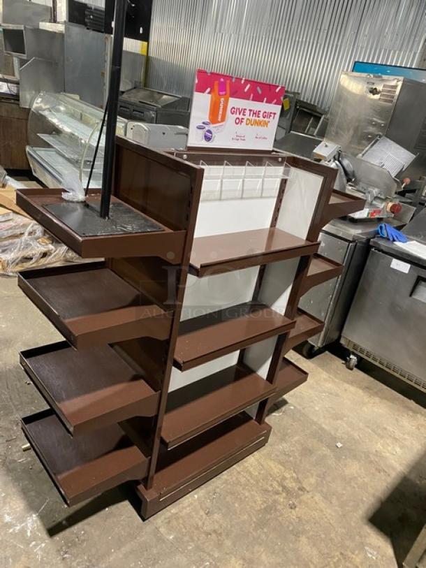 Dunkin Donuts Style Commercial Brown Multi-Tier Knock Down Merchandiser Display Tower Fixture! With Adjustable Shelves! On Casters! - Image 3 of 8