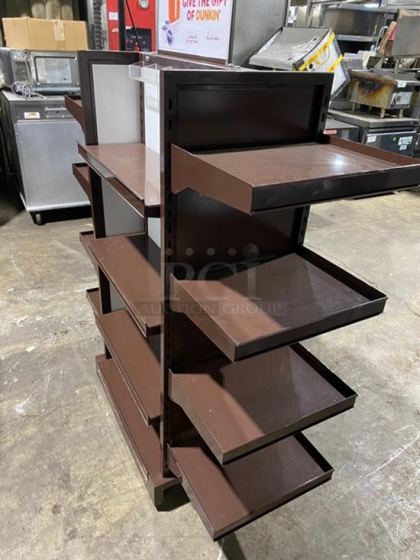 Dunkin Donuts Style Commercial Brown Multi-Tier Knock Down Merchandiser Display Tower Fixture! With Adjustable Shelves! On Casters! - Image 4 of 8