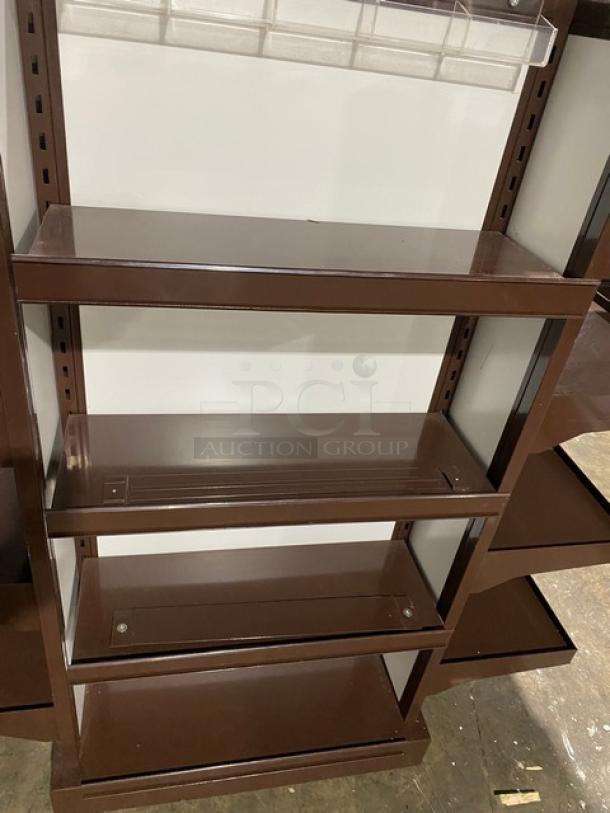 Dunkin Donuts Style Commercial Brown Multi-Tier Knock Down Merchandiser Display Tower Fixture! With Adjustable Shelves! On Casters! - Image 5 of 8