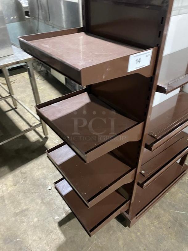 Dunkin Donuts Style Commercial Brown Multi-Tier Knock Down Merchandiser Display Tower Fixture! With Adjustable Shelves! On Casters! - Image 7 of 8