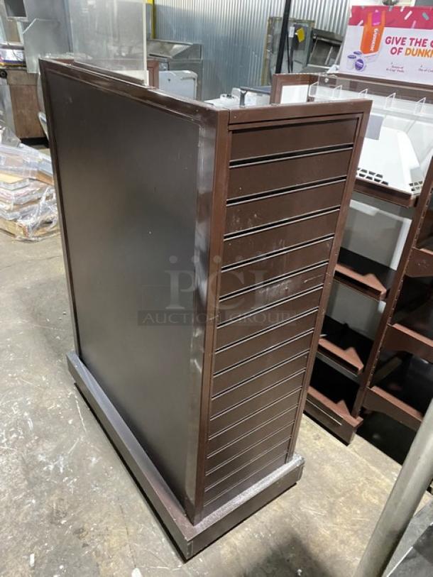 Dunkin Donuts Style Commercial Brown Multi-Tier Merchandiser Display Island/Tower Fixture! With Adjustable Shelves! On Casters! - Image 4 of 7