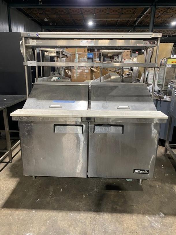 Migali Competitor Series Commercial Stainless Steel 2 Door Refrigerated Bain Marie Style Mega Top Salad/Sandwich Prep Table! With Double Overhead Shelves & Tag/Order Holder! With APW Wyott Model: FD-60H SN: 8002419020011 Electric Powered Overhead Heat Lamp/Food Warmer! With Poly Coated Wire Racks! Model: C-SP60-24BT-HC SN: C-SP60-24BT-HC00317122400920014! 115V 1 Phase! On Legs! - Image 1 of 12