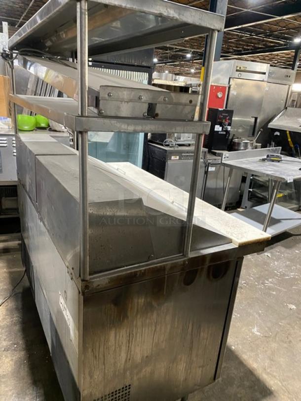 Migali Competitor Series Commercial Stainless Steel 2 Door Refrigerated Bain Marie Style Mega Top Salad/Sandwich Prep Table! With Double Overhead Shelves & Tag/Order Holder! With APW Wyott Model: FD-60H SN: 8002419020011 Electric Powered Overhead Heat Lamp/Food Warmer! With Poly Coated Wire Racks! Model: C-SP60-24BT-HC SN: C-SP60-24BT-HC00317122400920014! 115V 1 Phase! On Legs! - Image 4 of 12