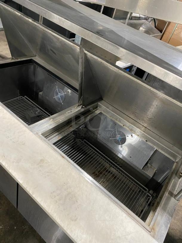 Migali Competitor Series Commercial Stainless Steel 2 Door Refrigerated Bain Marie Style Mega Top Salad/Sandwich Prep Table! With Double Overhead Shelves & Tag/Order Holder! With APW Wyott Model: FD-60H SN: 8002419020011 Electric Powered Overhead Heat Lamp/Food Warmer! With Poly Coated Wire Racks! Model: C-SP60-24BT-HC SN: C-SP60-24BT-HC00317122400920014! 115V 1 Phase! On Legs! - Image 5 of 12