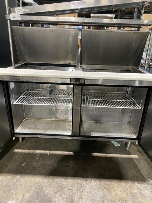 Migali Competitor Series Commercial Stainless Steel 2 Door Refrigerated Bain Marie Style Mega Top Salad/Sandwich Prep Table! With Double Overhead Shelves & Tag/Order Holder! With APW Wyott Model: FD-60H SN: 8002419020011 Electric Powered Overhead Heat Lamp/Food Warmer! With Poly Coated Wire Racks! Model: C-SP60-24BT-HC SN: C-SP60-24BT-HC00317122400920014! 115V 1 Phase! On Legs! - Image 6 of 12