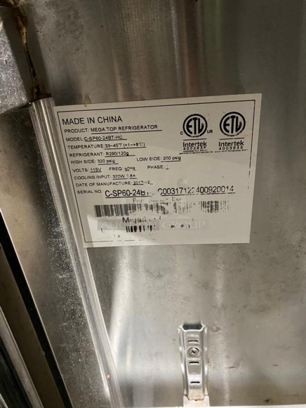 Migali Competitor Series Commercial Stainless Steel 2 Door Refrigerated Bain Marie Style Mega Top Salad/Sandwich Prep Table! With Double Overhead Shelves & Tag/Order Holder! With APW Wyott Model: FD-60H SN: 8002419020011 Electric Powered Overhead Heat Lamp/Food Warmer! With Poly Coated Wire Racks! Model: C-SP60-24BT-HC SN: C-SP60-24BT-HC00317122400920014! 115V 1 Phase! On Legs! - Image 7 of 12