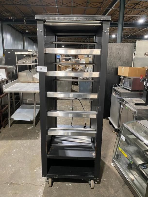 Vulcan Commercial Black Powder Coated Dry Open Lighted 5-Tier Donut/Bagel Bakery Merchandiser Display Showcase! With Stainless Steel Interior! With Enclosed Storage Underneath! Model: 1015021! 120V! On Casters! - Image 1 of 8