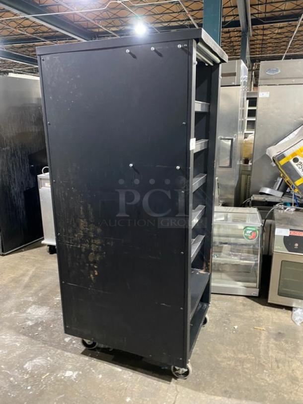 Vulcan Commercial Black Powder Coated Dry Open Lighted 5-Tier Donut/Bagel Bakery Merchandiser Display Showcase! With Stainless Steel Interior! With Enclosed Storage Underneath! Model: 1015021! 120V! On Casters! - Image 2 of 8