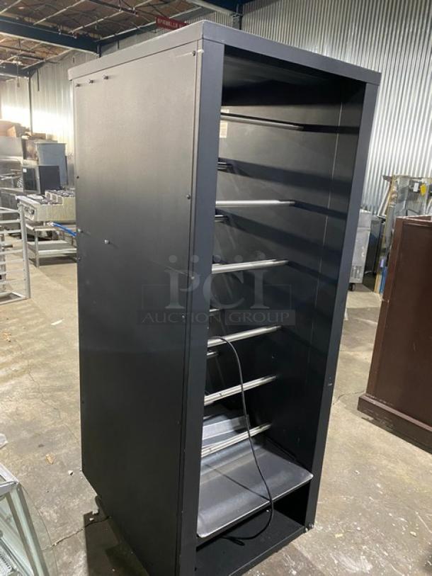 Vulcan Commercial Black Powder Coated Dry Open Lighted 5-Tier Donut/Bagel Bakery Merchandiser Display Showcase! With Stainless Steel Interior! With Enclosed Storage Underneath! Model: 1015021! 120V! On Casters! - Image 4 of 8