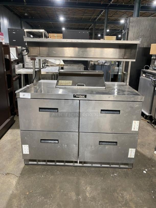Delfield Commercial Stainless Steel 4 Drawer Refrigerated Bain Marie Style Mega Top Salad/Sandwich Prep Table! With Enclosed Storge Overhead! - Image 1 of 9
