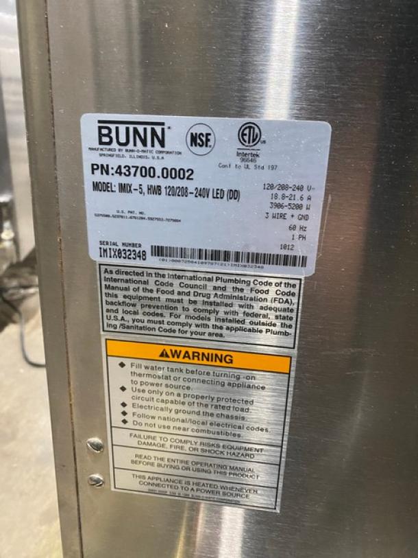 Bunn Dunkin Donuts Style Commercial Stainless Steel Electric Powered Countertop 5-Flavor Hot Chocolate/Cappuccino Hot Beverage Machine! With Hot Water Dispenser! With Digital Controls! Model: IMIX-5 SN: IMIX032348! 120/208-240V 1 Phase! On Legs! - Image 8 of 12