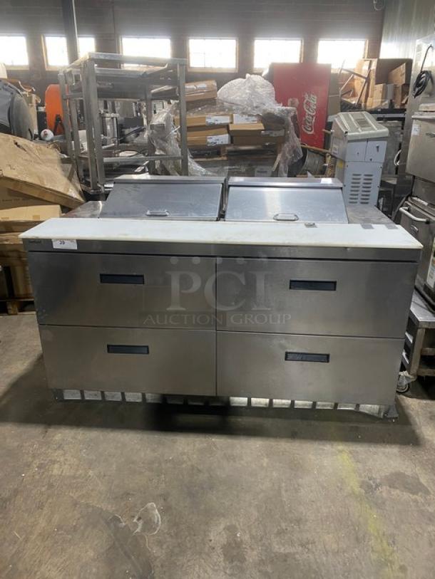 Delfield Commercial Stainless Steel 4 Drawer Refrigerated Bain Marie Style Mega Top Salad/Sandwich Prep Table! With Removable Cutting Board! Model: UCD4464N-12-DD5 SN: 1211152001424! 115V 1 Phase! On Casters! - Image 1 of 10