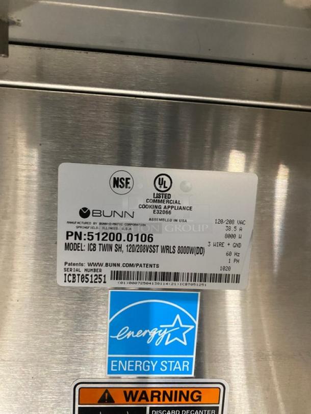 Bunn Infusion Series Commercial Stainless Steel Electric Powered Countertop Twin Soft Heat Coffee Brewer! Energy Star Certified! With Hot Water Dispenser!  Model: ICBTWINSH SN: ICBT051251! 120/208V 1 Phase! On Legs! - Image 6 of 11