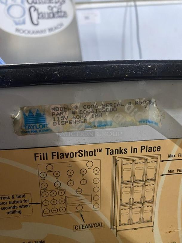 Taylor Dunkin Donuts Style Commercial Stainless Steel Electric Powered Countertop Flavor Shot Dispenser Machine! With 9 Clear Polycarbonate Hoppers! Model: C006-12 SN: K5026017! 120V 1 Phase! On Legs! - Image 7 of 11