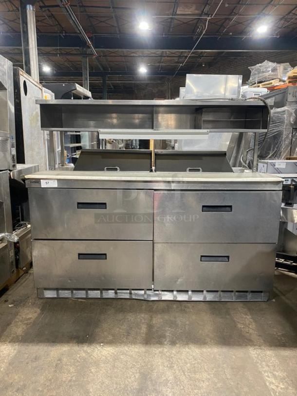Delfield Commercial Stainless Steel 4 Drawer Refrigerated Bain Marie Style Mega Top Salad/Sandwich Prep Table! With Enclosed Storage Overhead! With Removable Cutting Board! Model: UCD4464N-12-DD5 SN: 1310152001294! 115V 1 Phase! On Casters! - Image 1 of 11