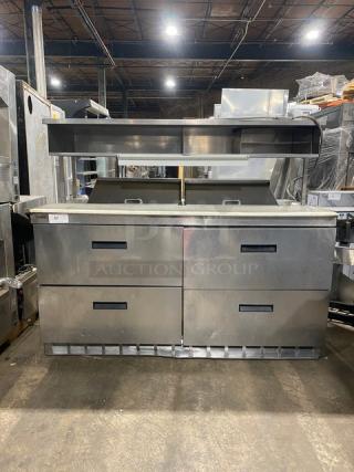 Delfield Commercial Stainless Steel 4 Drawer Refrigerated Bain Marie Style Mega Top Salad/Sandwich Prep Table! With Enclosed Storage Overhead! With Removable Cutting Board! Model: UCD4464N-12-DD5 SN: 1310152001294! 115V 1 Phase! On Casters!
