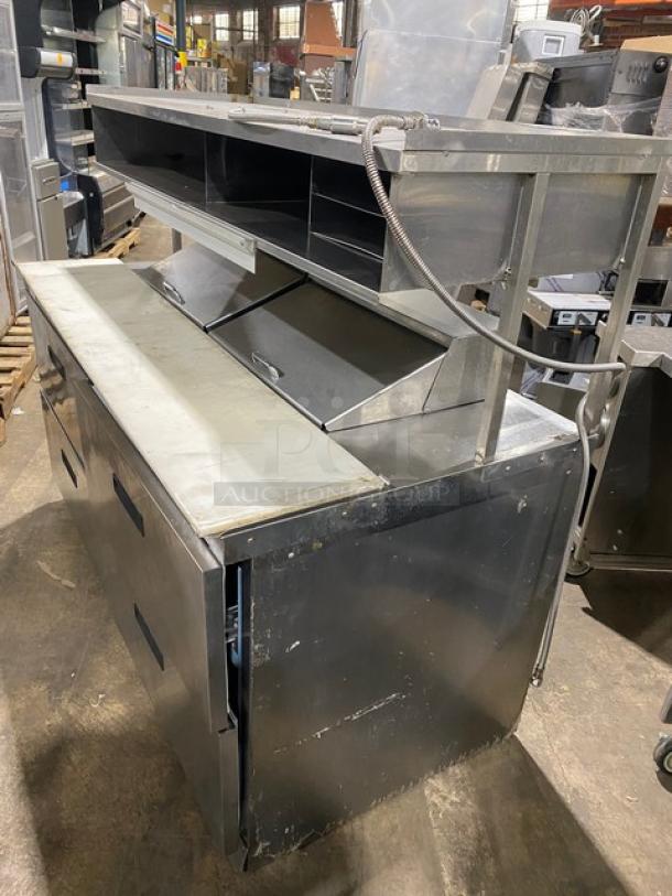 Delfield Commercial Stainless Steel 4 Drawer Refrigerated Bain Marie Style Mega Top Salad/Sandwich Prep Table! With Enclosed Storage Overhead! With Removable Cutting Board! Model: UCD4464N-12-DD5 SN: 1310152001294! 115V 1 Phase! On Casters! - Image 2 of 11