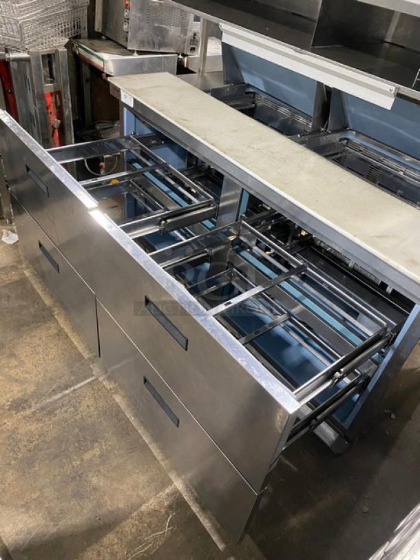 Delfield Commercial Stainless Steel 4 Drawer Refrigerated Bain Marie Style Mega Top Salad/Sandwich Prep Table! With Enclosed Storage Overhead! With Removable Cutting Board! Model: UCD4464N-12-DD5 SN: 1310152001294! 115V 1 Phase! On Casters! - Image 7 of 11