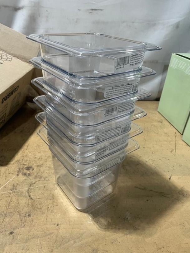 BRAND NEW! Cambro Camwear Series Commercial Clear Polycarbonate 1/6 Size 6" Deep Food Pans! 6 Per Case! Model: 66CWTRI135! - Image 6 of 10