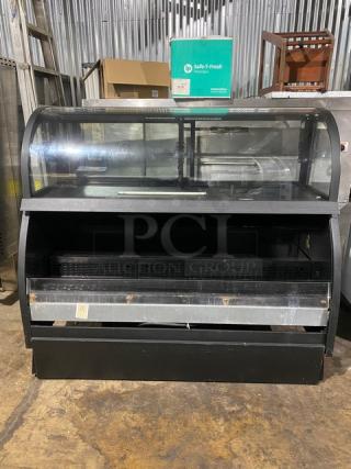 Structural Concepts Commercial Black Refrigerated Dual Service Open Grab-N-Go Merchandiser Display Case! With Curved Glass Top Display Showcase! With Rear Access Sliding Glass Doors! Model: SB5766.3923A SN: 439439IN221804! 220V 1 Phase! On Legs!