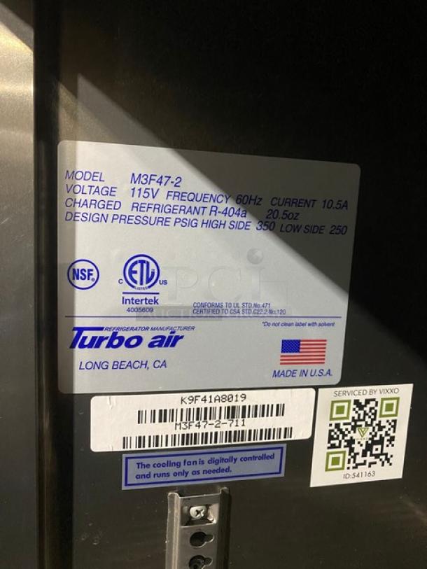 Turbo Air M3 Series Commercial Stainless Steel Solid 2 Door Reach In Freezer! Energy Star Certified! With Poly Coated Wire Racks! Model: M3F47-2 SN: K9F41A8019! 115V! With Casters! - Image 7 of 10