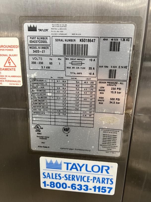 Taylor Commercial Stainless Steel Electric Powered 2-Flavor Uncarbonated Frozen Beverage/Coolatta Machine! With Blender/Mixing Attachment! With Drip Tray! Model: 342D-27 SN: K6018647! 208-230V 1 Phase! On Casters! - Image 6 of 7