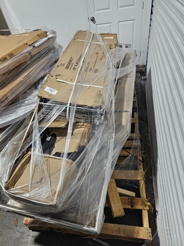 HUGE LIQUIDATION PALLET! BRAND NEW Tables, 3 Bay Sink! Wire Shelving! - Image 1 of 3
