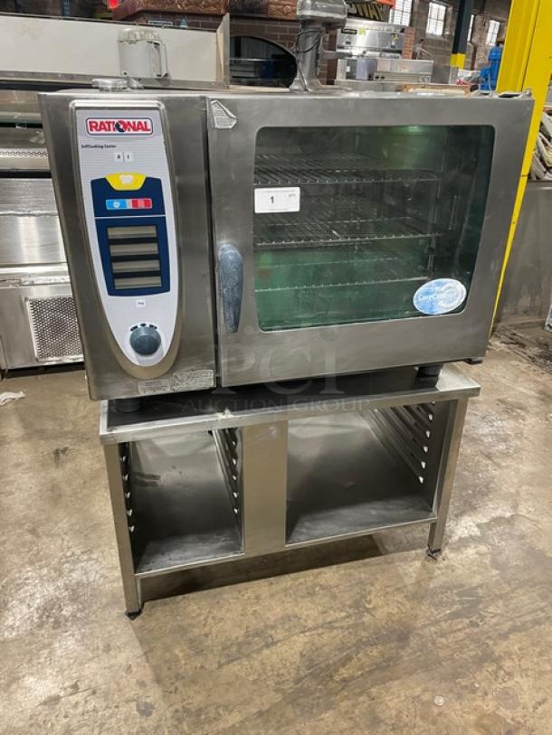 Rational Commercial Stainless Steel Electric Powered SelfCooking Center Combi Oven! With Wire Oven Racks! With 2 Section Pan-Holding Equipment Stand/Base! 208V! On Legs! - Image 1 of 9