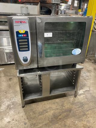 Rational Commercial Stainless Steel Electric Powered SelfCooking Center Combi Oven! With Wire Oven Racks! With 2 Section Pan-Holding Equipment Stand/Base! 208V! On Legs!