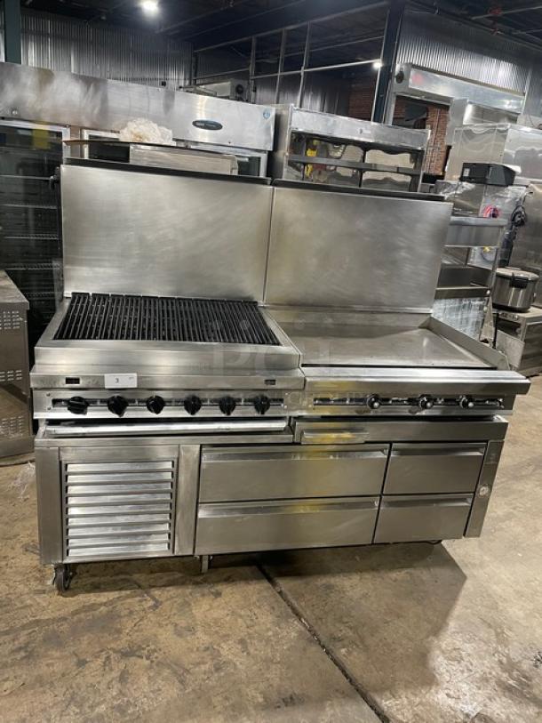 Jade Range Commercial Stainless Steel Natural Gas Powered Char Broiler/Flat Griddle Split Top Range! With 4 Drawer Self-Contained Refrigerated Chef Base/Equipment Stand! With Back Splash! Model: JRLH-04S-T-72 SN: 101566! 115V 1 Phase! On Casters! - Image 1 of 11
