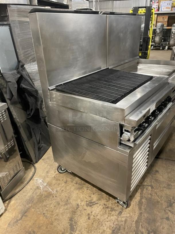 Jade Range Commercial Stainless Steel Natural Gas Powered Char Broiler/Flat Griddle Split Top Range! With 4 Drawer Self-Contained Refrigerated Chef Base/Equipment Stand! With Back Splash! Model: JRLH-04S-T-72 SN: 101566! 115V 1 Phase! On Casters! - Image 4 of 11