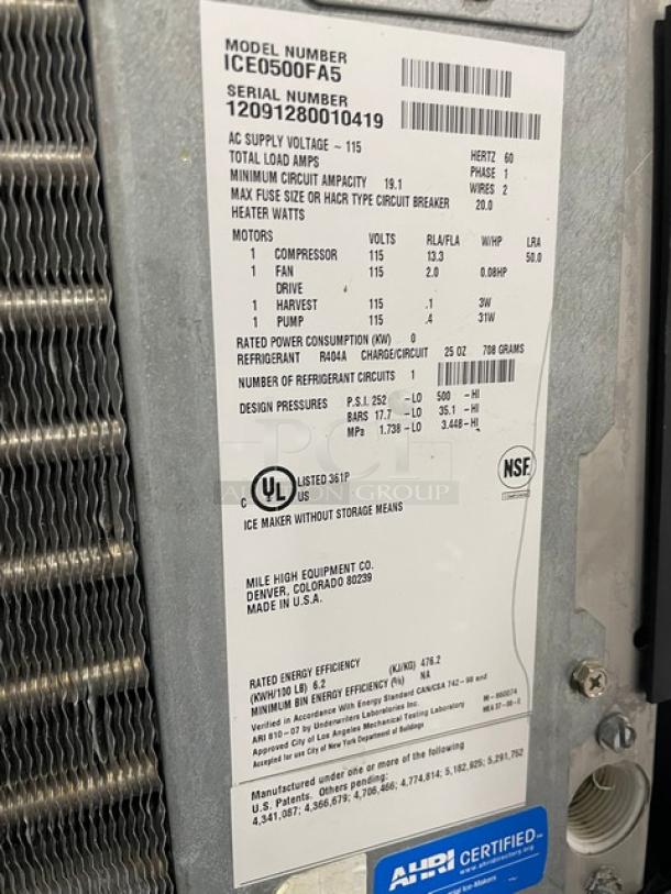 Ice-O-Matic Commercial Stainless Steel Air-Cooled Ice Making Machine Head! Energy Star Certified! With Heavy Duty Ice Bin! Model: ICE0500FA5 SN: 12091280010419! 115V 1 Phase! On Legs! - Image 5 of 8