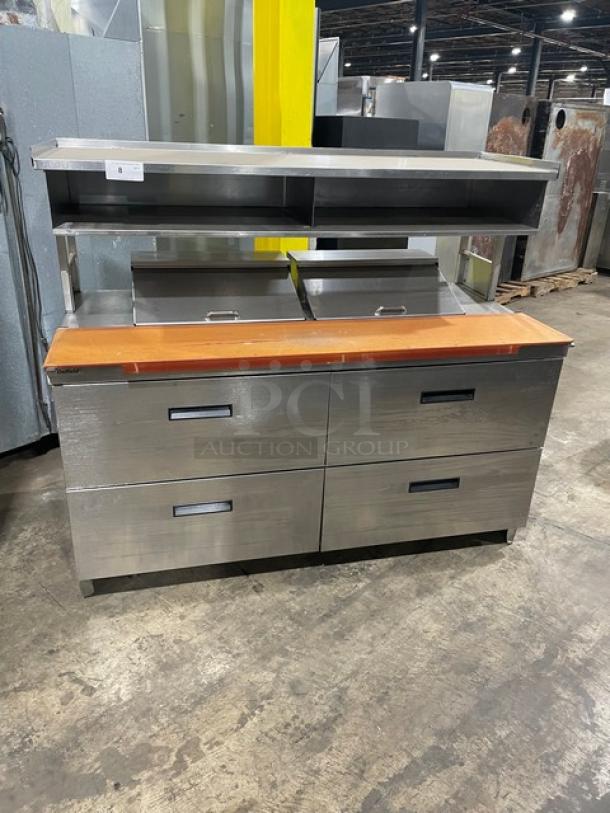 Delfield Commercial Stainless Steel 4 Drawer Refrigerated Bain Marie Style Mega Top Salad/Sandwich Prep Table! With Enclosed Overhead Storage! With Wooden Chopping Block Style Workstation! Model: UCD4464N-12-DD5 SN: 1303152000466! 115V 1Phase! - Image 1 of 10
