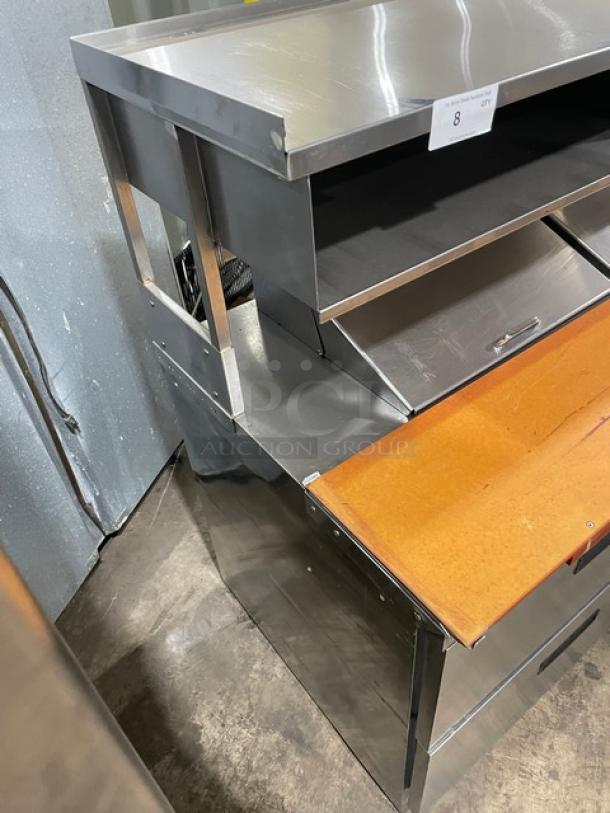 Delfield Commercial Stainless Steel 4 Drawer Refrigerated Bain Marie Style Mega Top Salad/Sandwich Prep Table! With Enclosed Overhead Storage! With Wooden Chopping Block Style Workstation! Model: UCD4464N-12-DD5 SN: 1303152000466! 115V 1Phase! - Image 2 of 10
