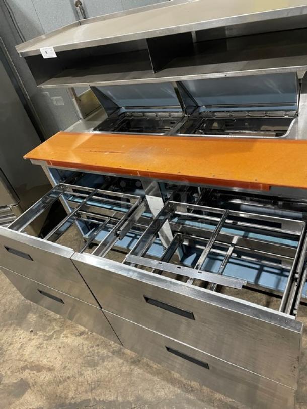Delfield Commercial Stainless Steel 4 Drawer Refrigerated Bain Marie Style Mega Top Salad/Sandwich Prep Table! With Enclosed Overhead Storage! With Wooden Chopping Block Style Workstation! Model: UCD4464N-12-DD5 SN: 1303152000466! 115V 1Phase! - Image 5 of 10
