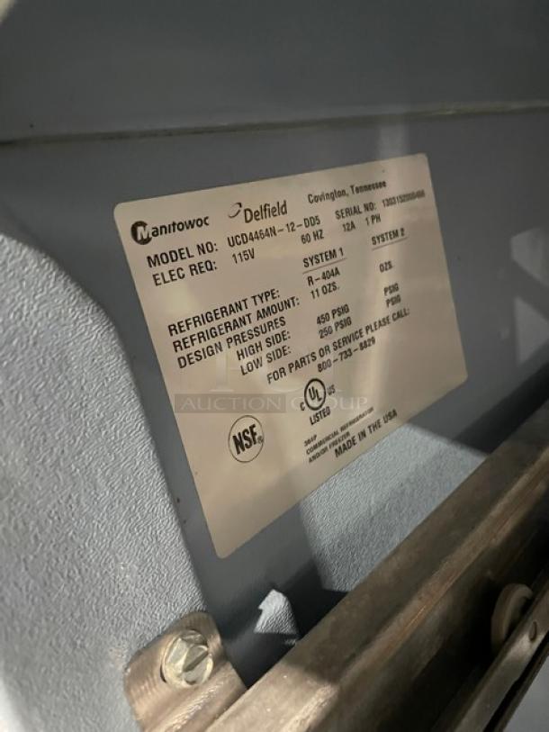 Delfield Commercial Stainless Steel 4 Drawer Refrigerated Bain Marie Style Mega Top Salad/Sandwich Prep Table! With Enclosed Overhead Storage! With Wooden Chopping Block Style Workstation! Model: UCD4464N-12-DD5 SN: 1303152000466! 115V 1Phase! - Image 8 of 10