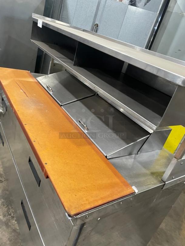 Delfield Commercial Stainless Steel 4 Drawer Refrigerated Bain Marie Style Mega Top Salad/Sandwich Prep Table! With Enclosed Overhead Storage! With Wooden Chopping Block Style Workstation! Model: UCD4464N-12-DD5 SN: 1303152000466! 115V 1Phase! - Image 9 of 10