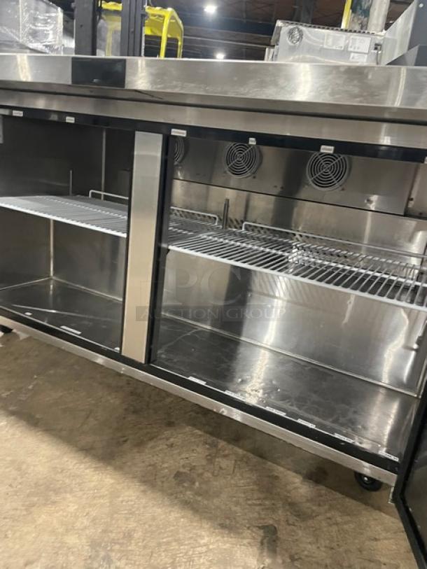 Atosa! 2021 Late Model! Commercial Stainless Steel Refrigerated 2 Door Mega Top Salad/Sandwich Prep Table! With Pan Covers! With Poly Coated Wire Racks! Model: MSF8307GR SN: MSF8307GRAUS1T0321113000C40037! 115V 1 Phase! On Casters! Working When Removed! Still Under Warranty! - Image 6 of 12