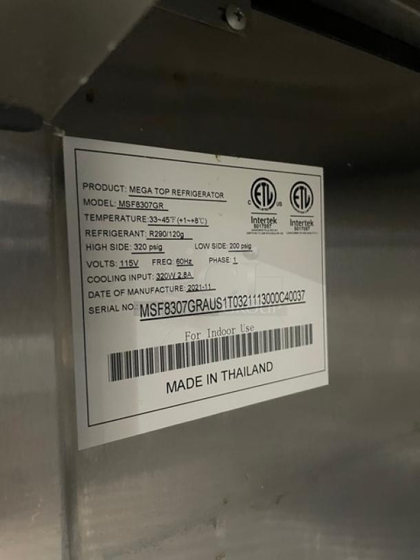 Atosa! 2021 Late Model! Commercial Stainless Steel Refrigerated 2 Door Mega Top Salad/Sandwich Prep Table! With Pan Covers! With Poly Coated Wire Racks! Model: MSF8307GR SN: MSF8307GRAUS1T0321113000C40037! 115V 1 Phase! On Casters! Working When Removed! Still Under Warranty! - Image 8 of 12