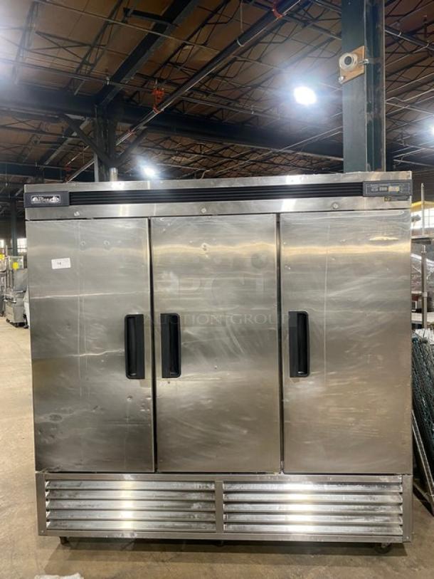 Blue Air Commercial Stainless Steel Solid 3 Door Reach In Refrigerator! With Digital Controls! With Poly Coated Wire Rack! Model: BSR72! 115V 1 Phase! On Casters! - Image 1 of 11
